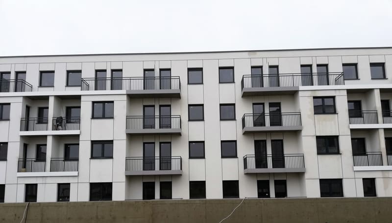 Rząd balustrad balkonowych na jasnej elewacji budynku wielorodzinnego